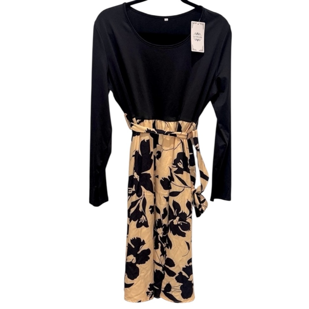 La Mode Chic Black and Cream Floral Long Sleeve Dress Size XL